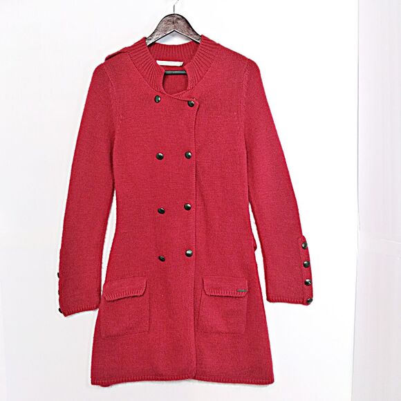 Vtg Michelle Belau Red Loose Knit boho Long-Sleeve Snap Cardigan Sweater Dress M - Picture 1 of 11